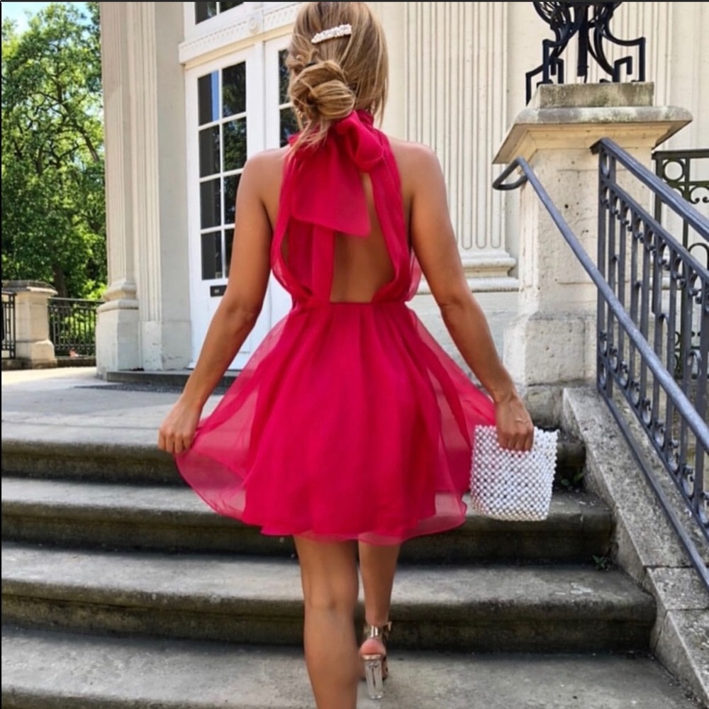 ❌SOLD❌Mini Fuscia Pink Organza Dress w/ Bow - Picture 6 of 8